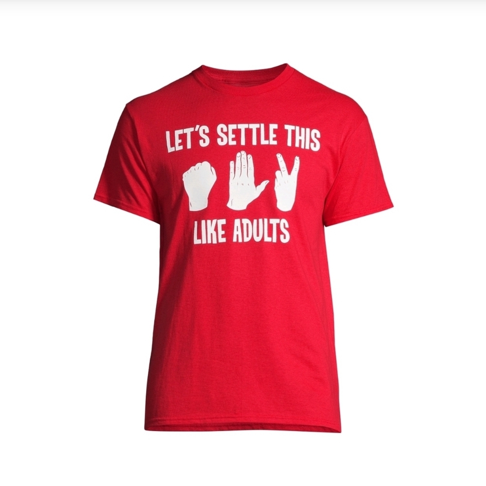 Adult NWT Short Sleeve Crew Neck Tee "Rock Paper Scissors" Red and White 577